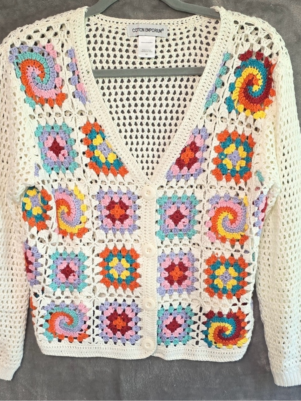 Cotton Emporium Granny Square Floral White Cardigan Sweater Long Sleeve Sz Med